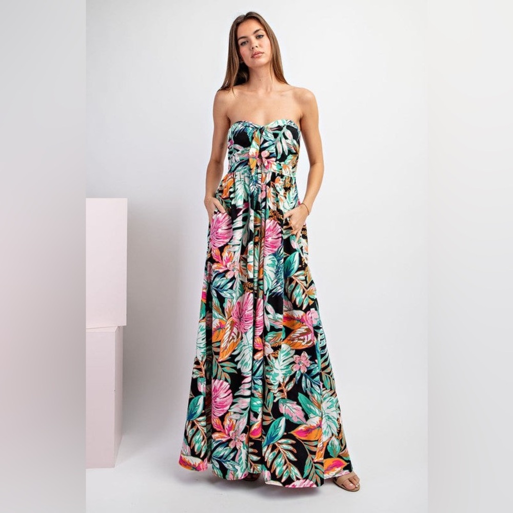 Strapless Tropical Floral Maxi Jumpsuit - Black/Multi